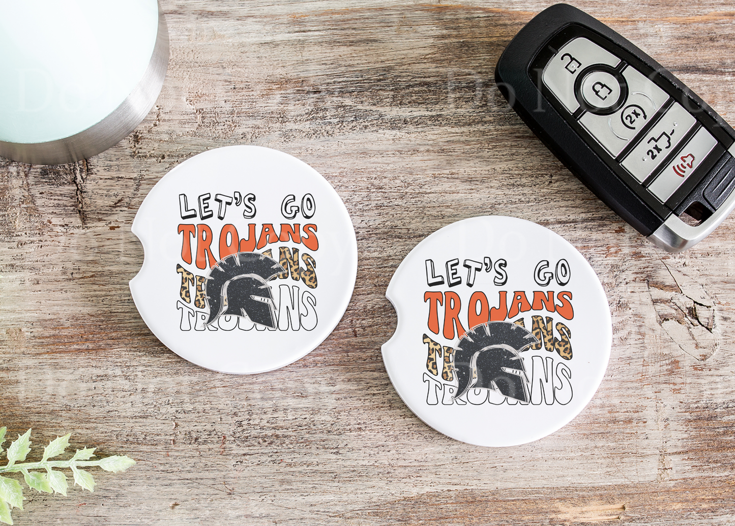 Let's Go Trojans School Spirit Leopard print Car Coasters