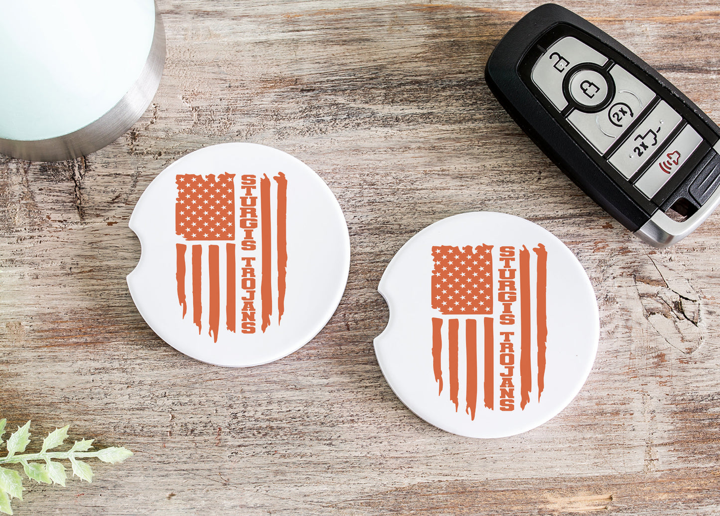 Sturgis Trojans Orange American Flag Car Coasters