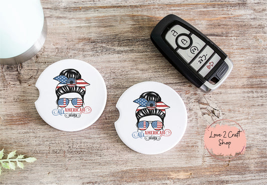 A Messy Bun Lady Car Coasters With Patriotic Sunglasses All American Mama Fourth Of July USA Pride Car Accessories For Moms