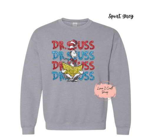 Stacked Dr Seuss reading - Faux Glitter  Cat in the Hat Crewneck