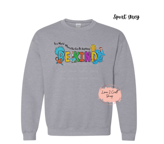 In a world where you can be anything Be Kind Faux Glitter - Cat in the Hat Crewneck