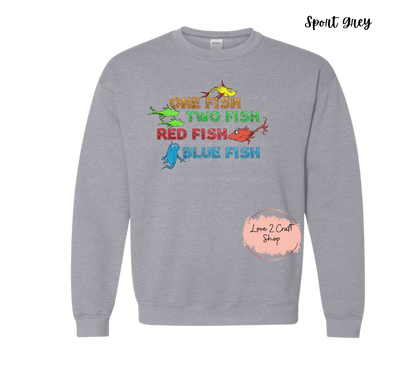 One Fish Two Fish Red Fish Blue Fish  - Faux Glitter - Cat in the Hat Crewneck