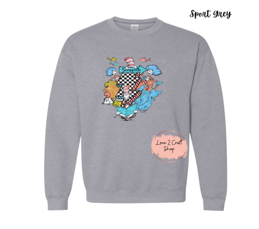 Seussville Collage -  Faux Glitter - Cat in the Hat Crewneck