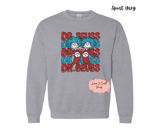 Dr Seuss Stacked with Thing 1 and Thing 2 - Faux Glitter - Cat in the Hat Crewneck