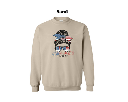 A Messy Bun Lady Crewneck Sweatshirt With Patriotic Sunglasses All American Mama Graphic Fourth Of July Sweatshirt USA Pride Mom Gift