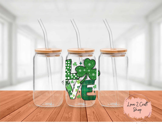 Love Four Leaf Clover St. Patrick's Day Glass Tumbler