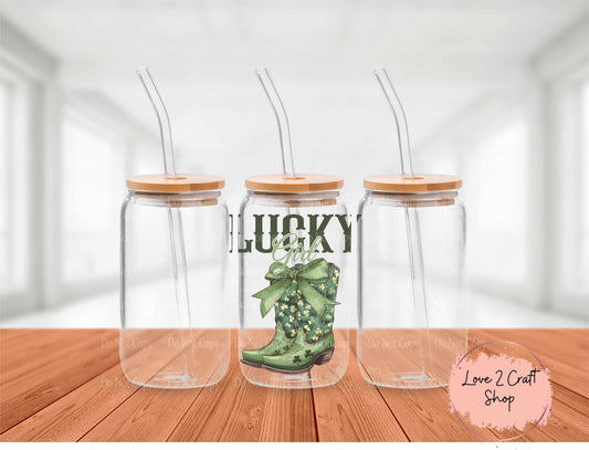 Lucky Girl Cowboy Boots St. Patrick's Day Glass Tumbler