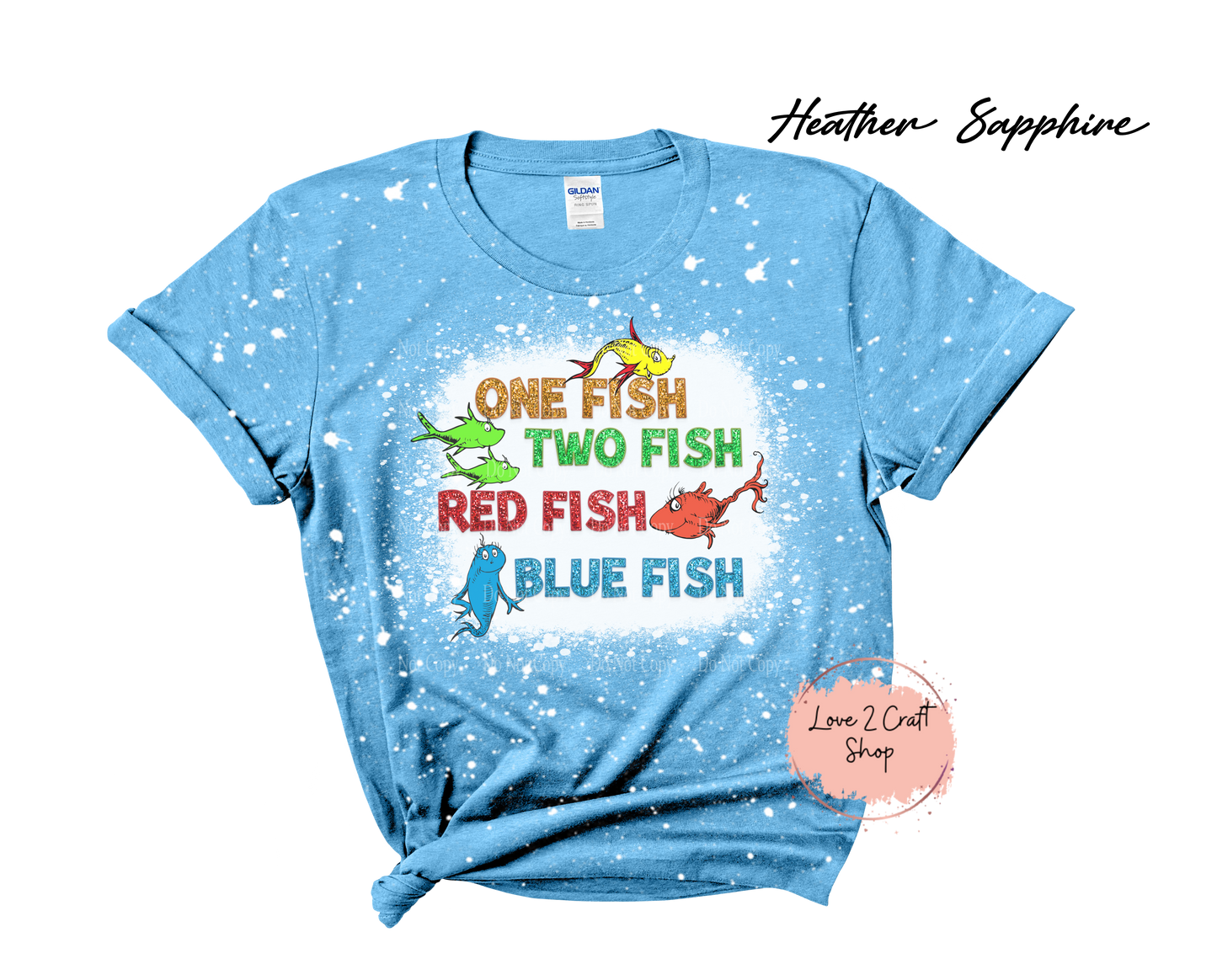 One Fish Two Fish Red Fish Blue Fish - Faux Glitter - Cat in the Hat Bleached T-Shirt