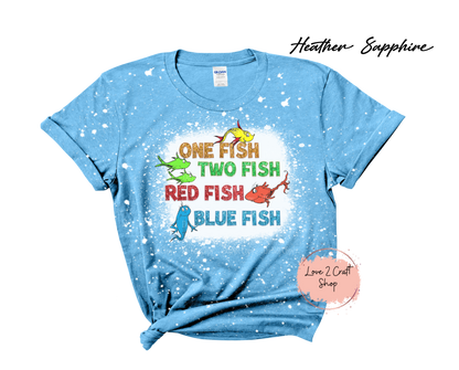 One Fish Two Fish Red Fish Blue Fish - Faux Glitter - Cat in the Hat Bleached T-Shirt