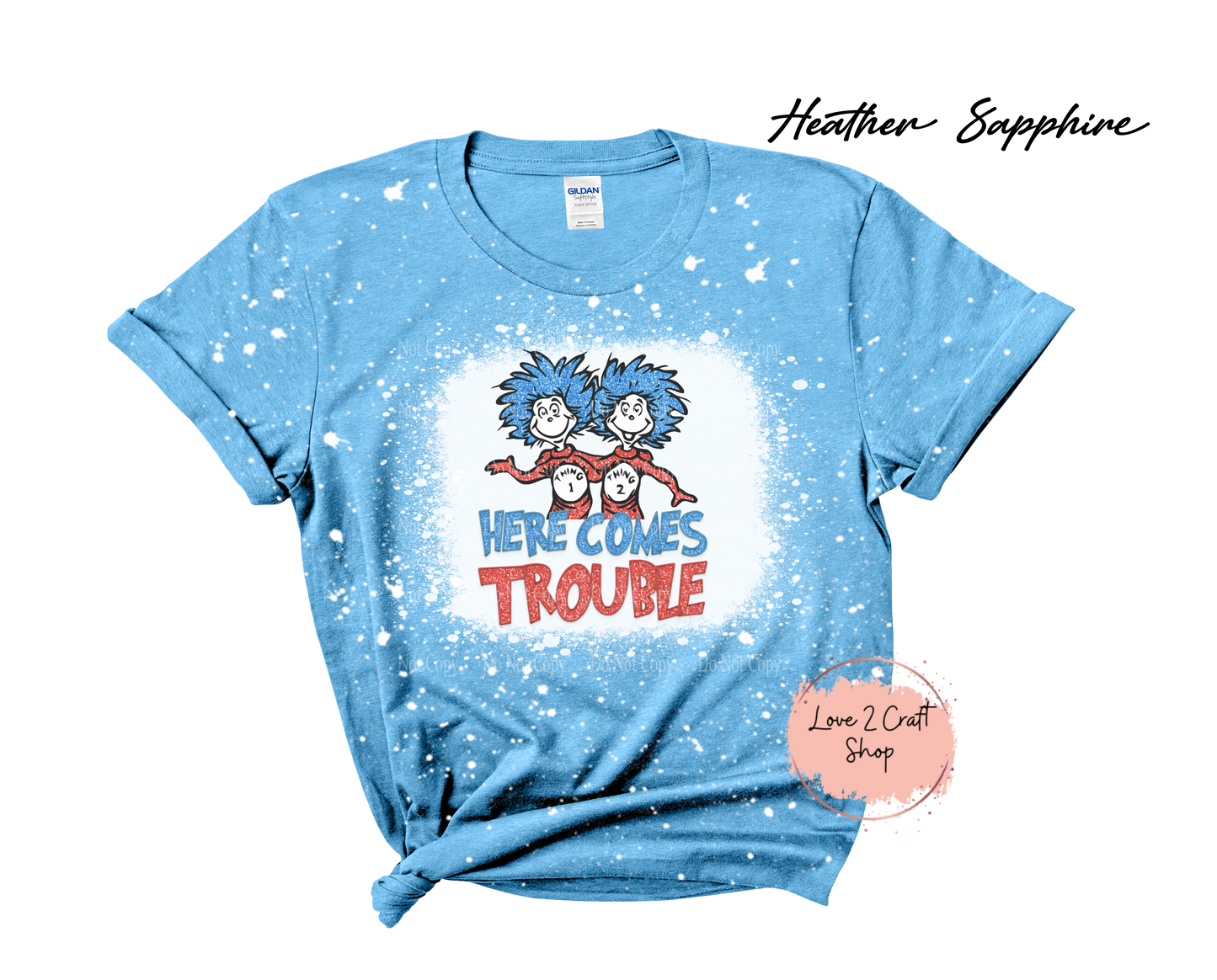 Here comes trouble Thing 1 and Thing 2 -  Faux Glitter - Cat in the Hat Bleached T-Shirt