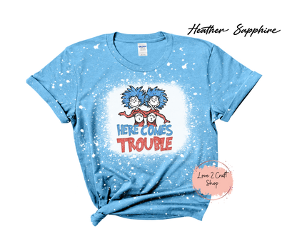 Here comes trouble Thing 1 and Thing 2 -  Faux Glitter - Cat in the Hat Bleached T-Shirt