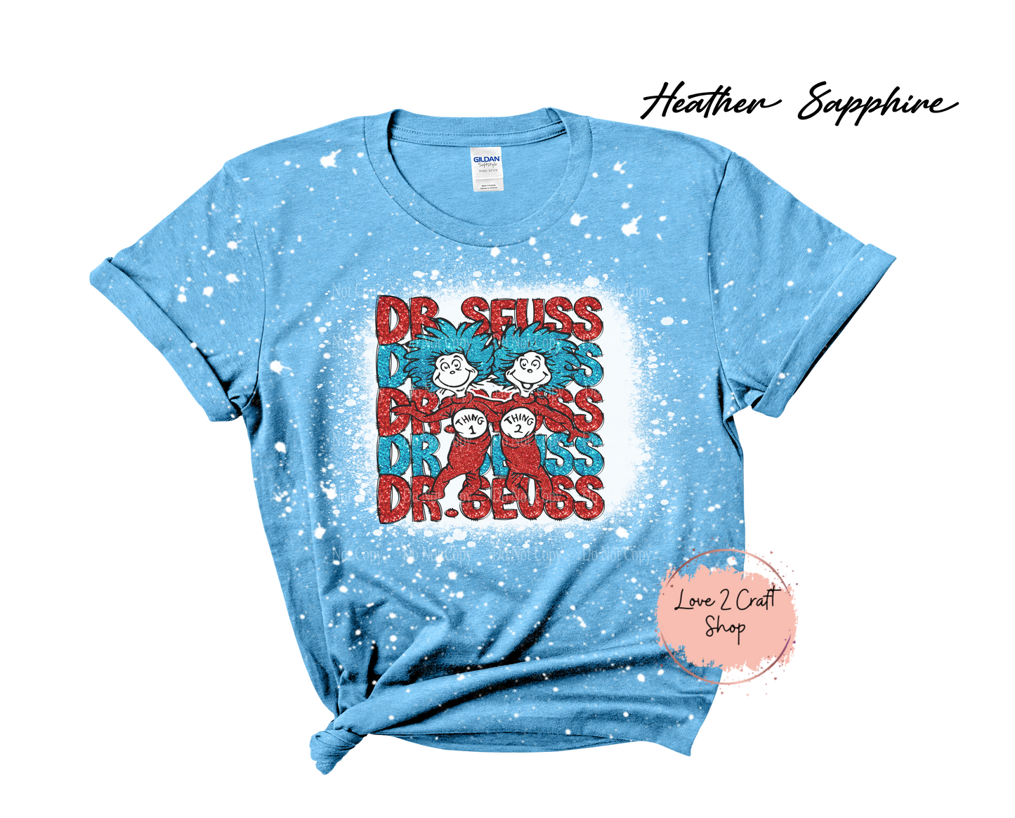 Dr Seuss Stacked with Thing 1 and Thing 2 - Faux Glitter - Cat in the Hat Bleached T-Shirt