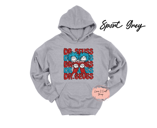 Dr Seuss Stacked with Thing 1 and Thing 2 - Faux Glitter - Cat in the Hat Hoodie