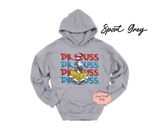 Stacked Dr Seuss reading - Faux Glitter  Cat in the Hat Hoodie