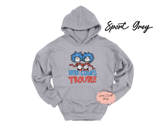 Here comes trouble Thing 1 and Thing 2 -  Faux Glitter   - Cat in the Hat Hoodie