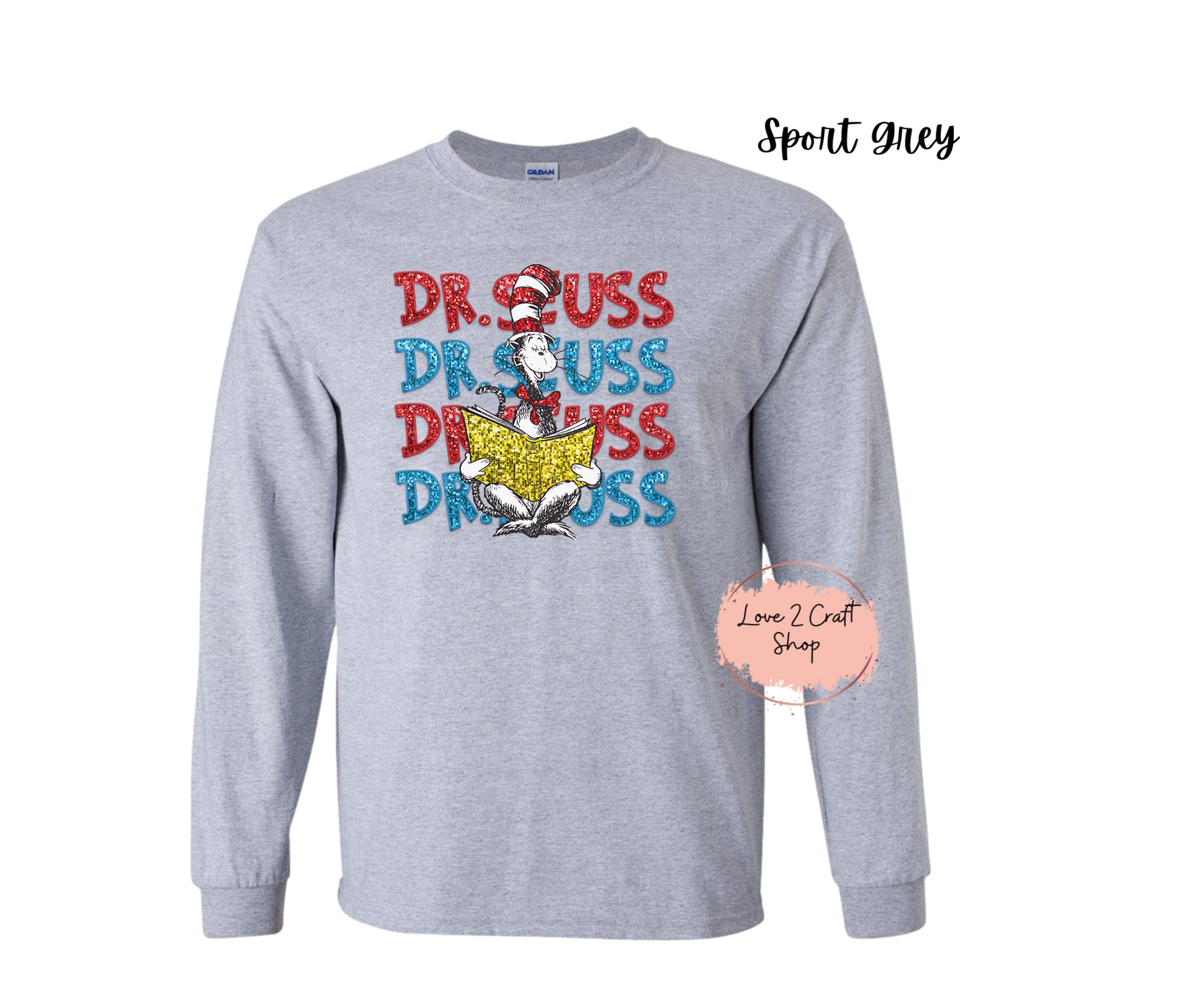 Stacked Dr Seuss reading - Faux Glitter Cat in the Hat Long Sleeve