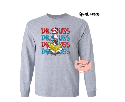 Stacked Dr Seuss reading - Faux Glitter Cat in the Hat Long Sleeve