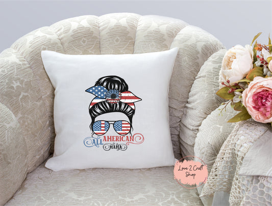 A Messy Bun Lady Pillow With Patriotic Sunglasses All American Mama Fourth Of July USA Pride Decorative Pillow For Moms