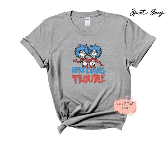 Here comes trouble Thing 1 and Thing 2 - Faux Glitter  - Cat in the Hat T-Shirt