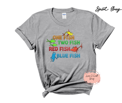 One Fish Two Fish Red Fish Blue Fish  - Faux Glitter  - Cat in the Hat T-Shirt