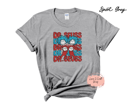 Dr Seuss Stacked with Thing 1 and Thing 2 - Faux Glitter - Cat in the Hat T-Shirt