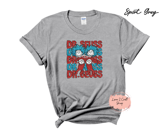 Dr Seuss Stacked with Thing 1 and Thing 2 - Faux Glitter - Cat in the Hat T-Shirt