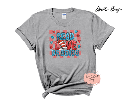 Read Love Dr Seuss -  Faux Glitter  - Cat in the Hat T-Shirt