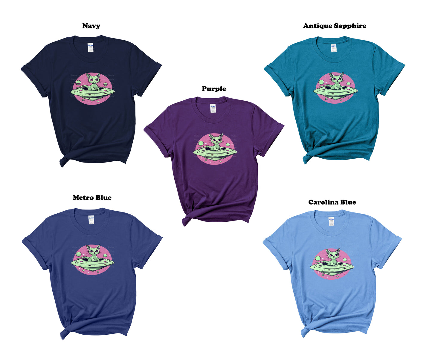 Alien Cat T-Shirt Funny Cat in Flying Saucer Graphic Tee Unique Alien Theme Apparel Perfect for Cat Lovers and UFO Enthusiasts