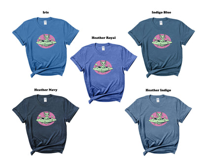 Alien Cat T-Shirt Funny Cat in Flying Saucer Graphic Tee Unique Alien Theme Apparel Perfect for Cat Lovers and UFO Enthusiasts