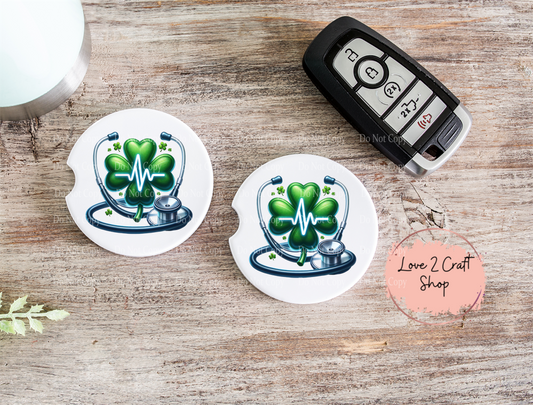 Four Leaf Clover with stethoscope with Heartbeat St. Patrick's Day Car Coasters