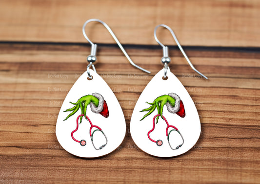 Grinch with Stethoscope for Nurse or CNA teardrop earrings